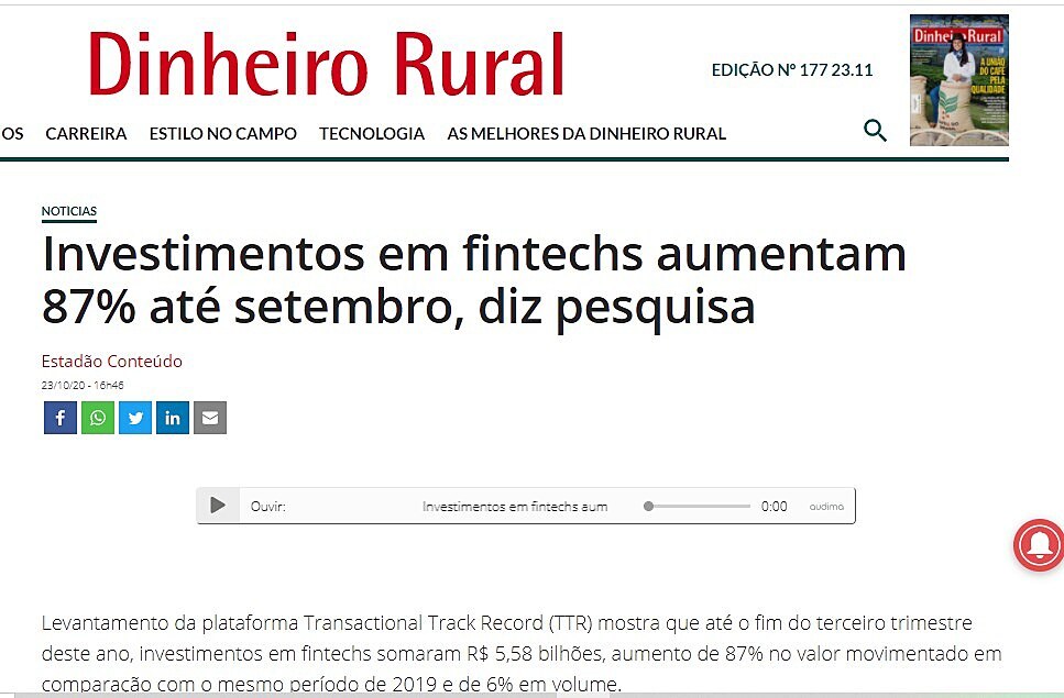 Investimentos em fintechs aumentam 87% at setembro, diz pesquisa